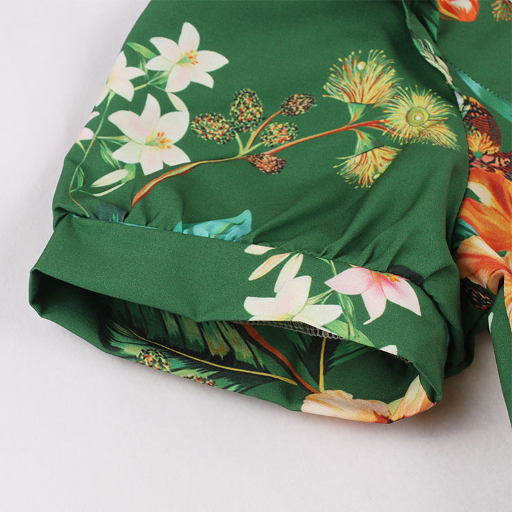 Vintage Floral Print Lapel Short Sleeve High Waist Summer Cocktail Midi Dress N22201