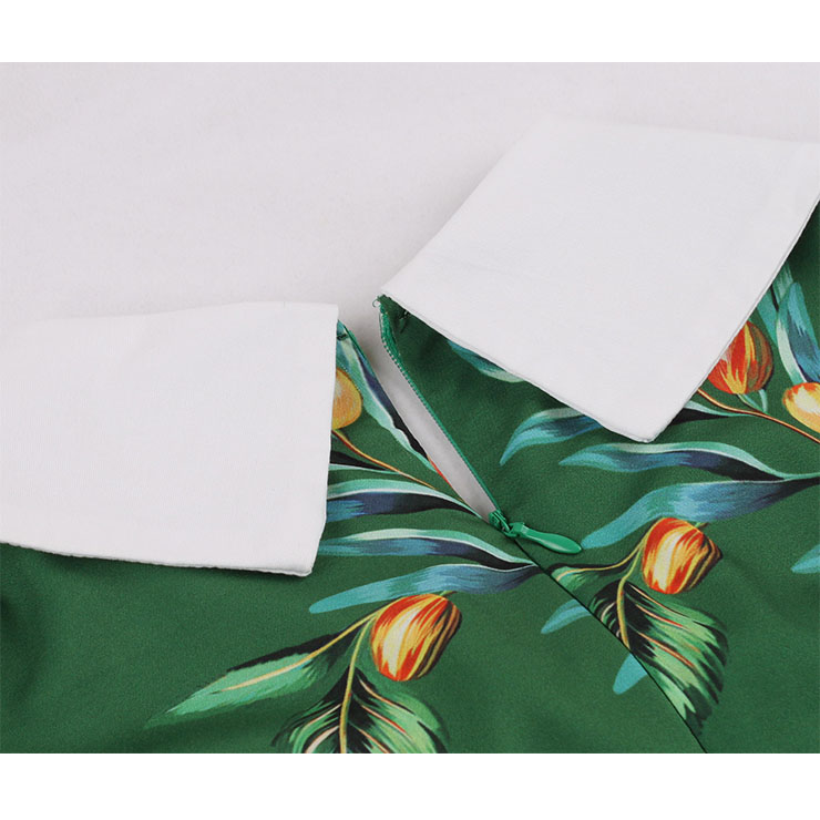 Vintage Floral Print Lapel Short Sleeve High Waist Summer Cocktail Midi Dress N22201