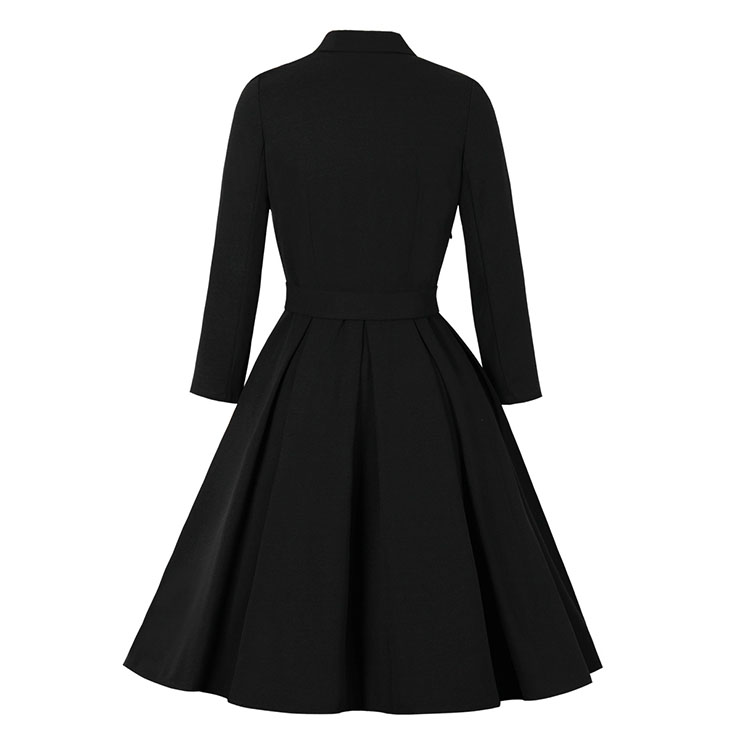 Elegant Lapel Front Button Long Sleeves High Waist Belted Vintage Fall/Winter Midi Dress N21501