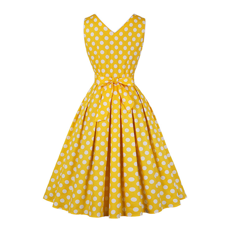 1950s Vintage Lapel and V Back Button Bodice Polka Dots Sleeveless Cocktail Swing Dress N21849