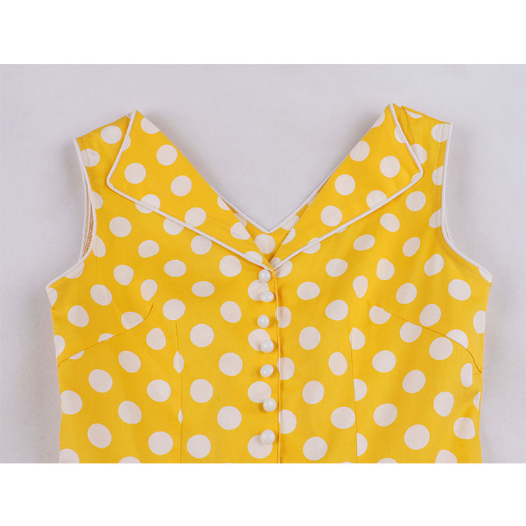 1950s Vintage Lapel and V Back Button Bodice Polka Dots Sleeveless Cocktail Swing Dress N21849