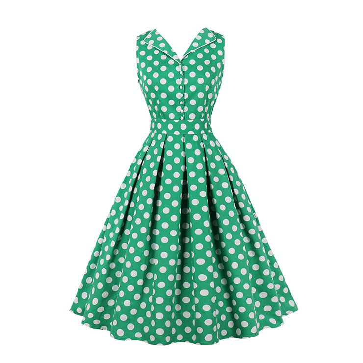 1950s Vintage Lapel and V Back Button Bodice Polka Dots Sleeveless Cocktail Swing Dress N22130