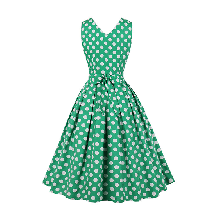1950s Vintage Lapel and V Back Button Bodice Polka Dots Sleeveless Cocktail Swing Dress N22130