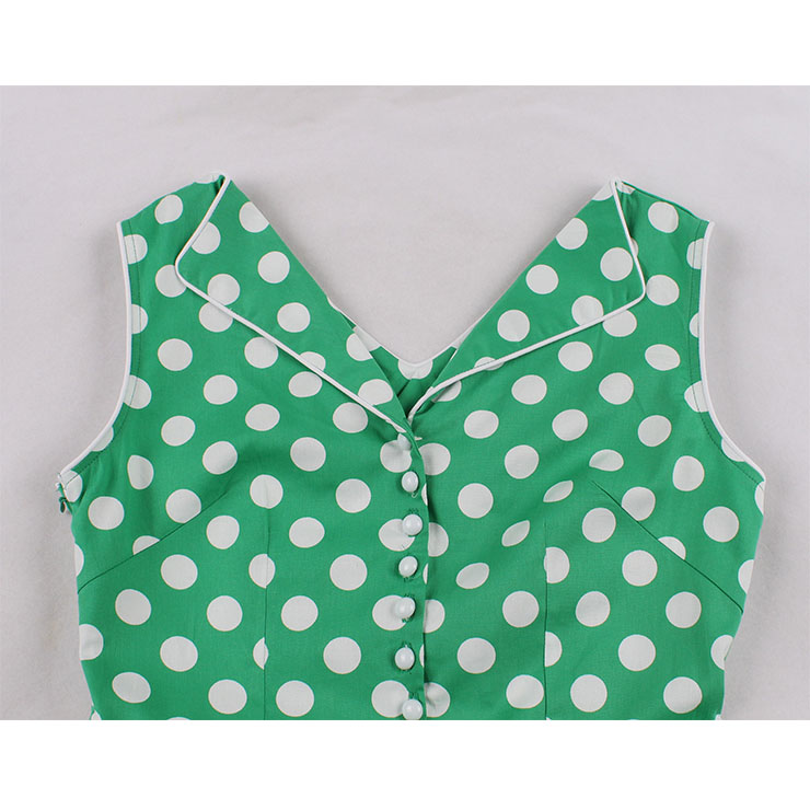 1950s Vintage Lapel and V Back Button Bodice Polka Dots Sleeveless Cocktail Swing Dress N22130