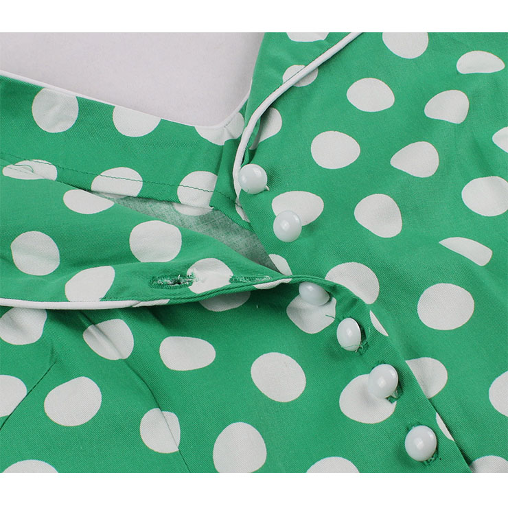 1950s Vintage Lapel and V Back Button Bodice Polka Dots Sleeveless Cocktail Swing Dress N22130