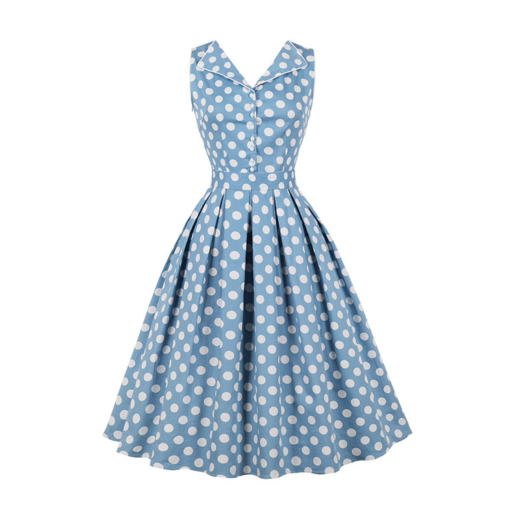 1950s Vintage Lapel and V Back Button Bodice Polka Dots Sleeveless Cocktail Swing Dress N22131