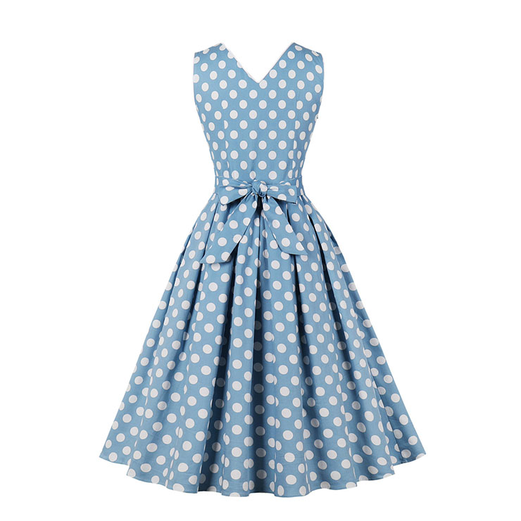 1950s Vintage Lapel and V Back Button Bodice Polka Dots Sleeveless Cocktail Swing Dress N22131