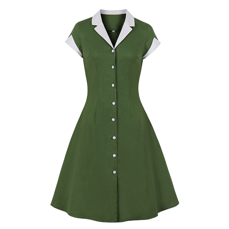 1950s Vintage Lapel Short Sleeve Front Button High Waist Office Lady Cocktail Midi Dress N21857