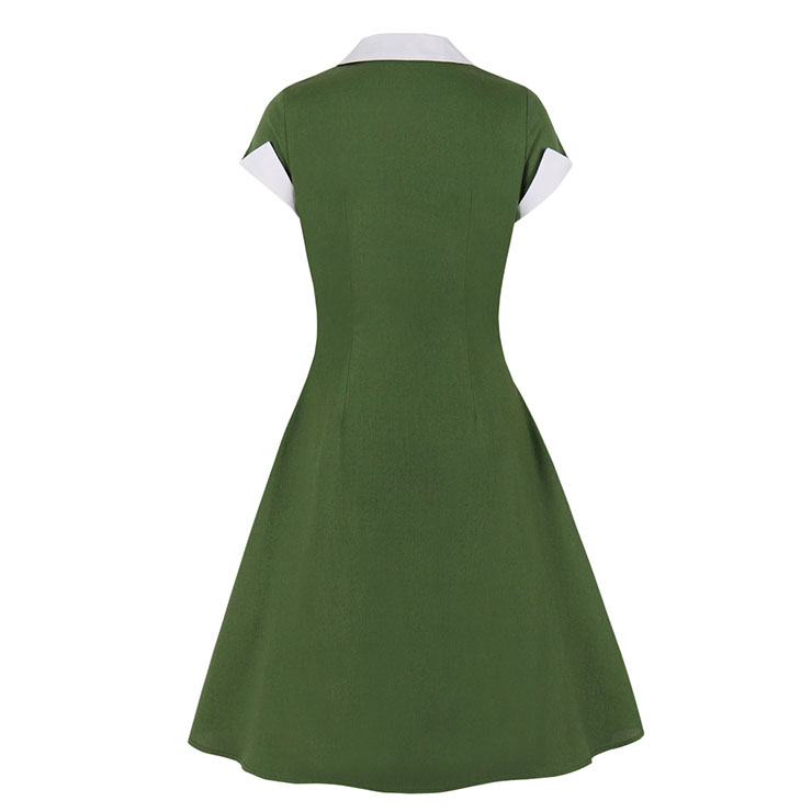 1950s Vintage Lapel Short Sleeve Front Button High Waist Office Lady Cocktail Midi Dress N21857