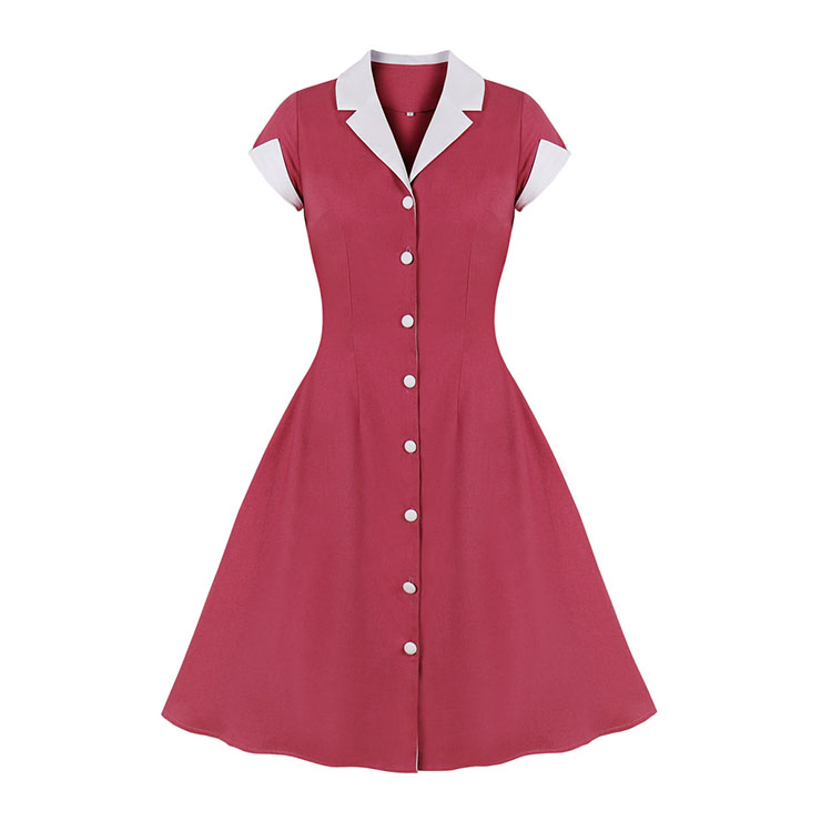 1950s Vintage Lapel Short Sleeve Front Button High Waist Office Lady Cocktail Midi Dress N22043