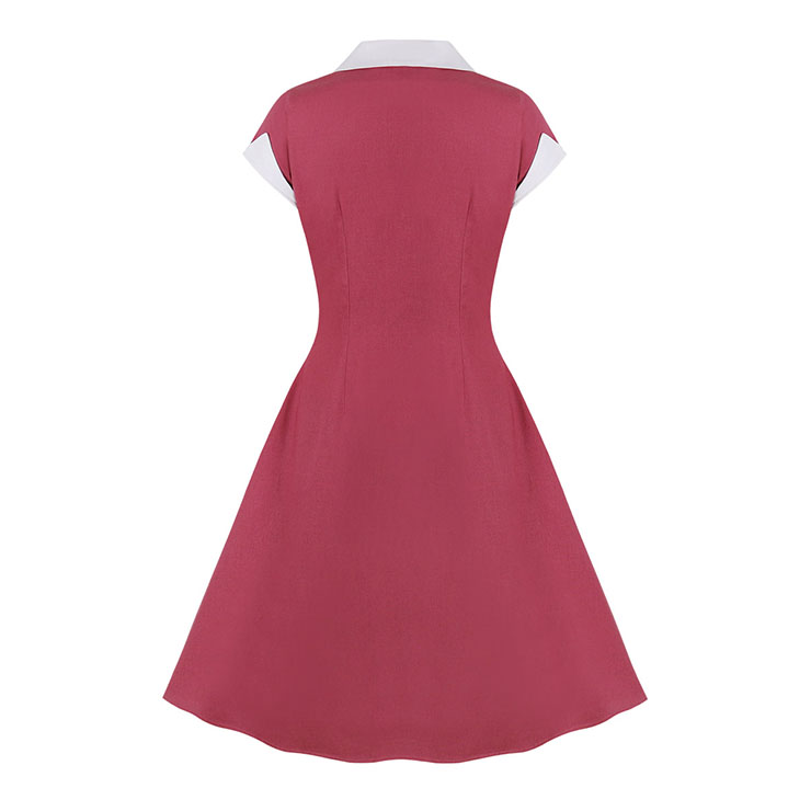 1950s Vintage Lapel Short Sleeve Front Button High Waist Office Lady Cocktail Midi Dress N22043