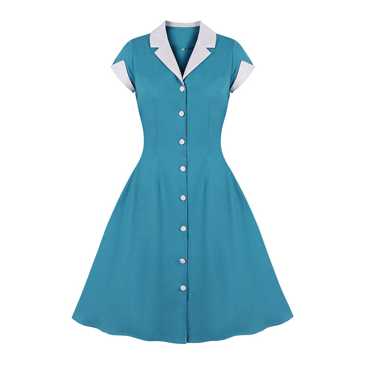1950s Vintage Lapel Short Sleeve Front Button High Waist Office Lady Cocktail Midi Dress N22044