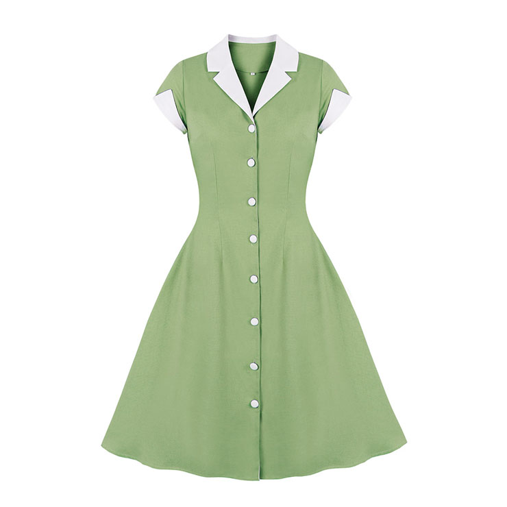1950s Vintage Lapel Short Sleeve Front Button High Waist Office Lady Cocktail Midi Dress N22045