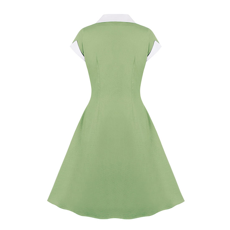 1950s Vintage Lapel Short Sleeve Front Button High Waist Office Lady Cocktail Midi Dress N22045