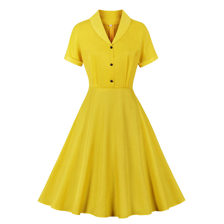 Vintage Solid Color Lapel Button Bodice Short Sleeve High Waist Summer Daily Swing Dress N22117