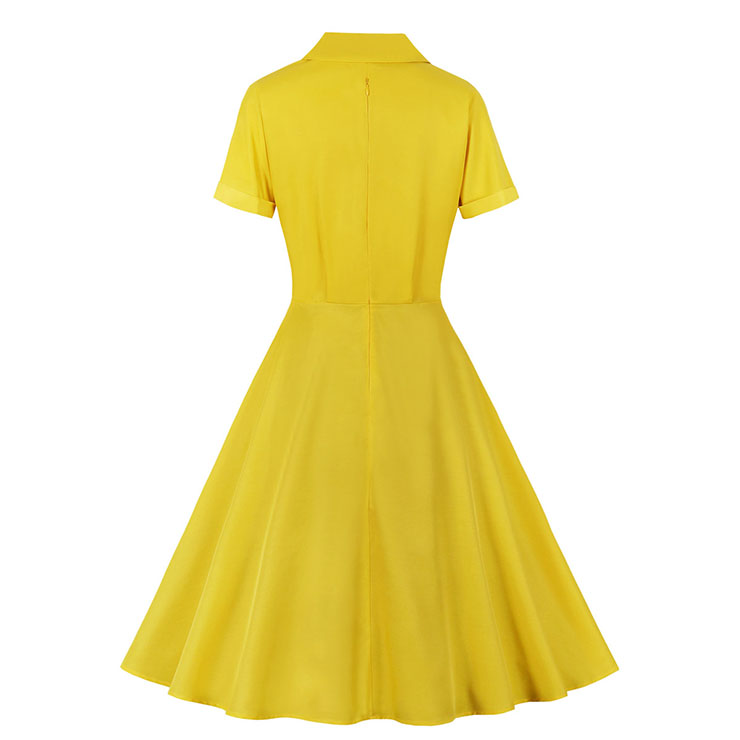 Vintage Solid Color Lapel Button Bodice Short Sleeve High Waist Summer Daily Swing Dress N22117