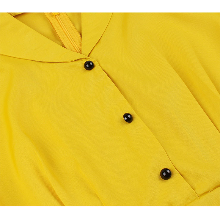 Vintage Solid Color Lapel Button Bodice Short Sleeve High Waist Summer Daily Swing Dress N22117