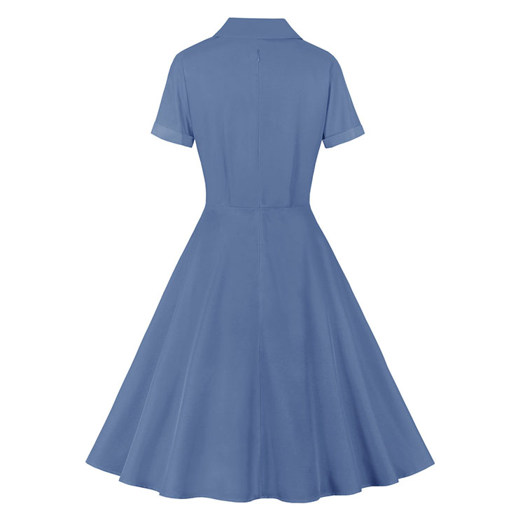 Vintage Solid Color Lapel Button Bodice Short Sleeve High Waist Summer Daily Swing Dress N22118