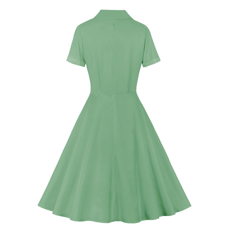 Vintage Solid Color Lapel Button Bodice Short Sleeve High Waist Summer Daily Swing Dress N22119