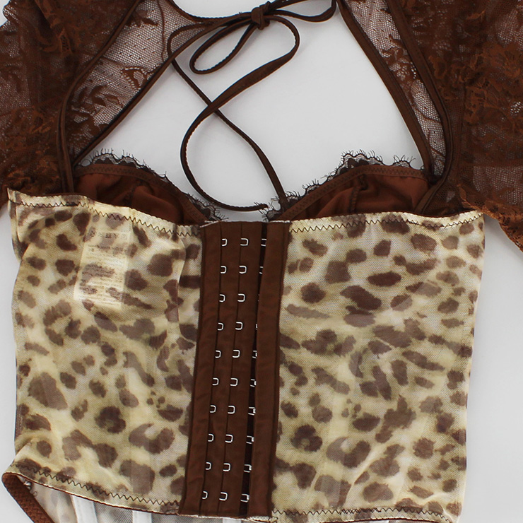 Women's Vintage Leopard Corset Top with Brown Lace Long Sleeves (One-Piece) N23989