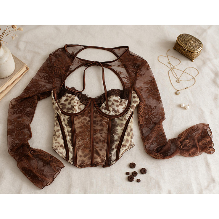 Women's Vintage Leopard Corset Top with Brown Lace Long Sleeves (One-Piece) N23989