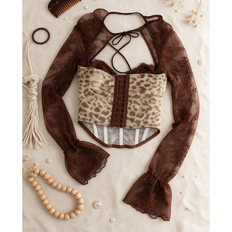 Women's Vintage Leopard Corset Top with Brown Lace Long Sleeves (One-Piece) N23989