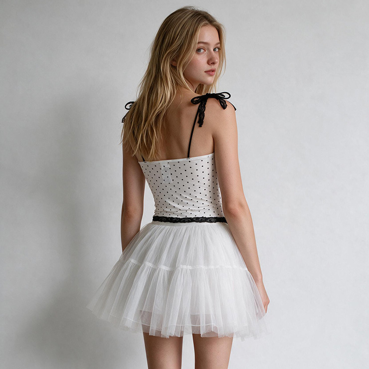 White Polka Dot Corset Top with Black Lace & Tie Details N23990
