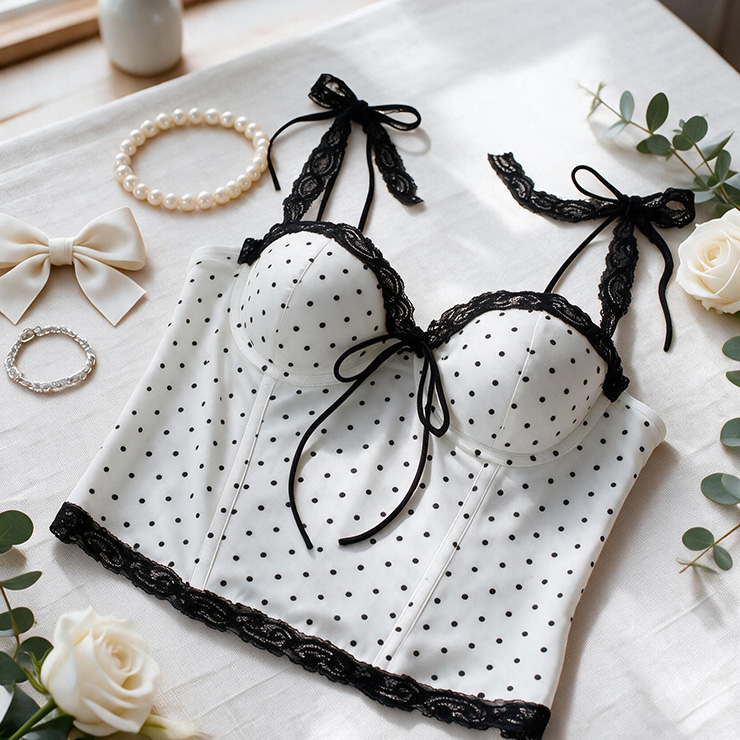White Polka Dot Corset Top with Black Lace & Tie Details N23990