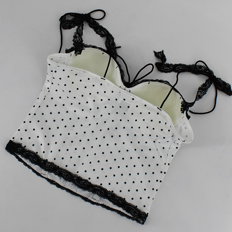 White Polka Dot Corset Top with Black Lace & Tie Details N23990