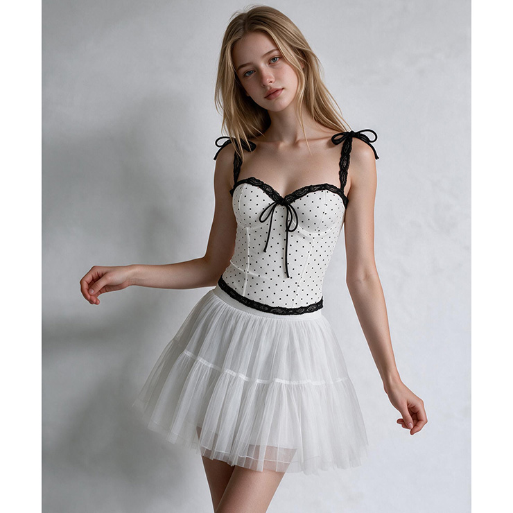 White Polka Dot Corset Top with Black Lace & Tie Details N23990