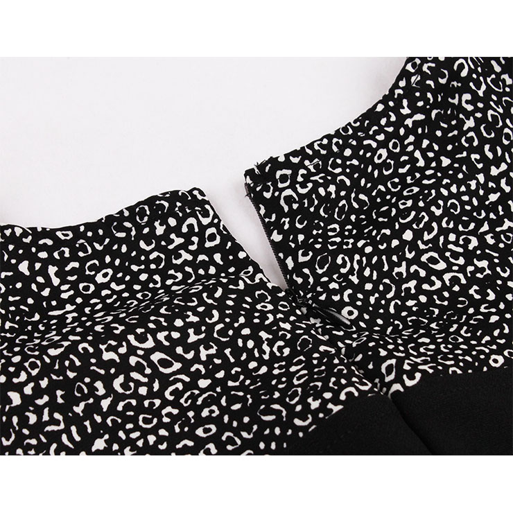 Vintage Crew Neck Leopard Pattern Long Pleated Sleeve High Waist Cocktail Party Midi Dress N21580