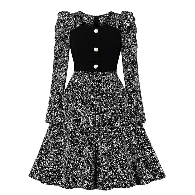 Vintage Crew Neck Leopard Pattern Long Pleated Sleeve High Waist Cocktail Party Midi Dress N21580