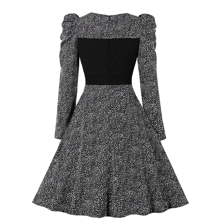Vintage Crew Neck Leopard Pattern Long Pleated Sleeve High Waist Cocktail Party Midi Dress N21580