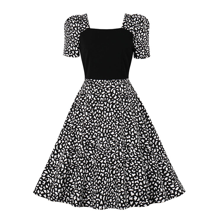 Vintage Square Neckline Black Bodice and Leopard Pattern Short Sleeve High Waist Midi Dress N21581