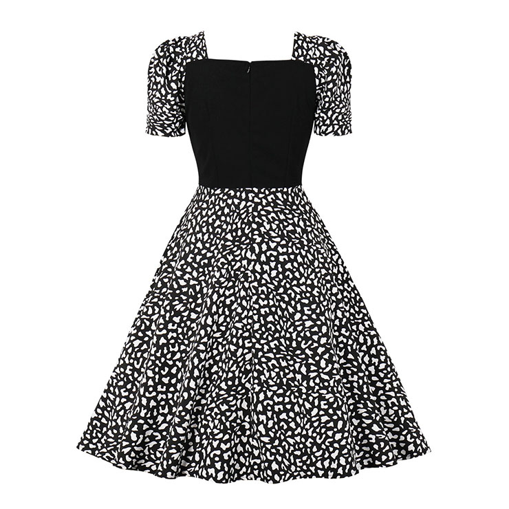 Vintage Square Neckline Black Bodice and Leopard Pattern Short Sleeve High Waist Midi Dress N21581