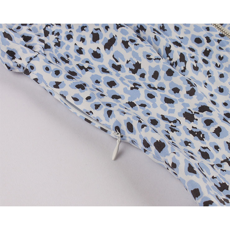 Vintage Leopard Print Front Zipper Round Neck Half Sleeve High Waist Dress With Belt N20618