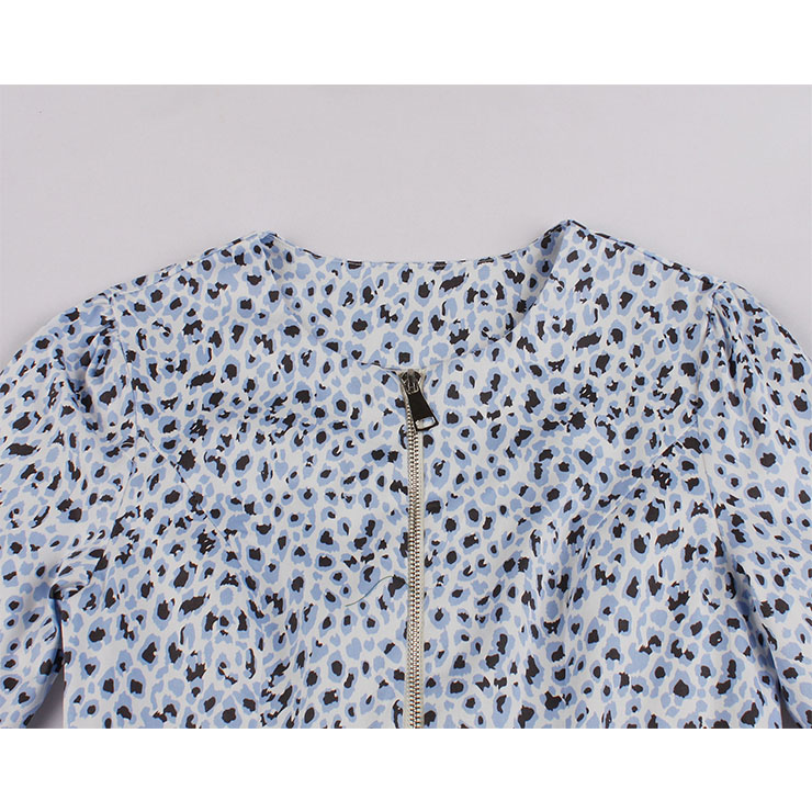 Vintage Leopard Print Front Zipper Round Neck Half Sleeve High Waist Dress With Belt N20618
