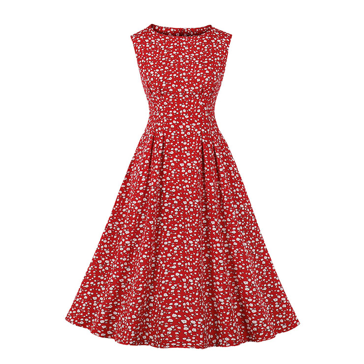 Vintage Floral Print Round Neckline Sleeveless Wide Waistline Cocktail Party Midi Dress N22222