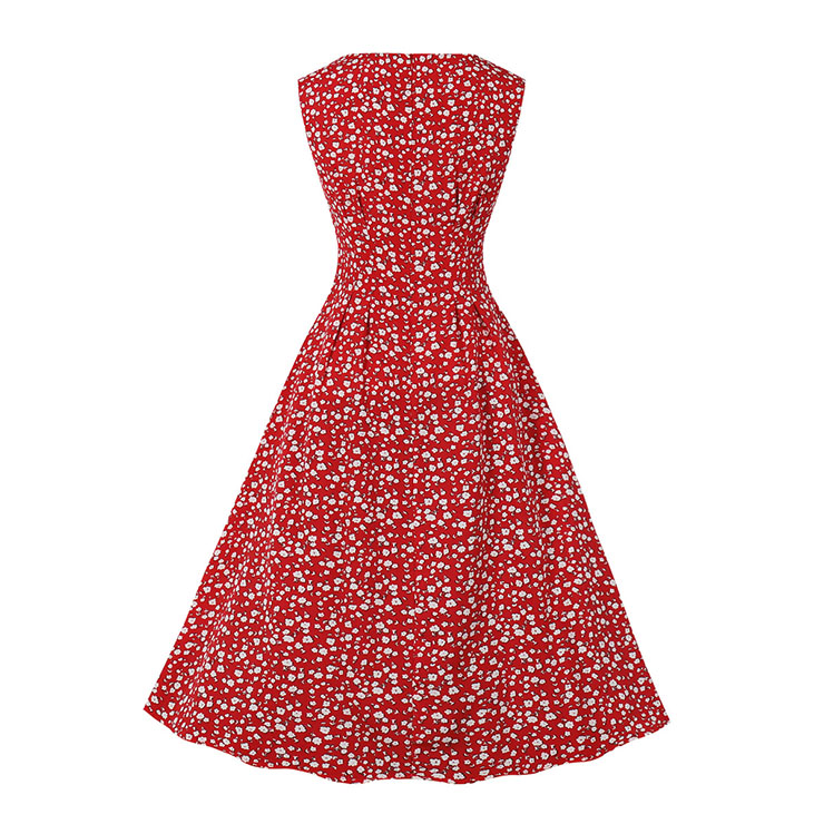Vintage Floral Print Round Neckline Sleeveless Wide Waistline Cocktail Party Midi Dress N22222