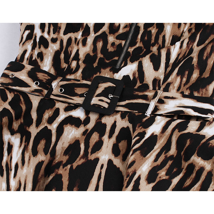Vintage Leopard Print Front Zipper Round Neck Half Sleeve High Waist Dress with Belt N18670