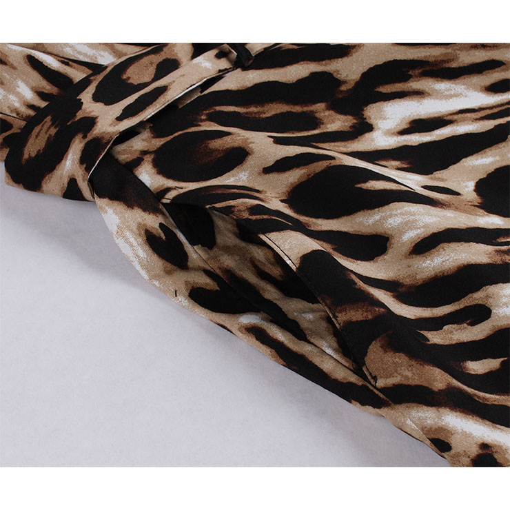 Vintage Leopard Print Front Zipper Round Neck Half Sleeve High Waist Dress with Belt N18670