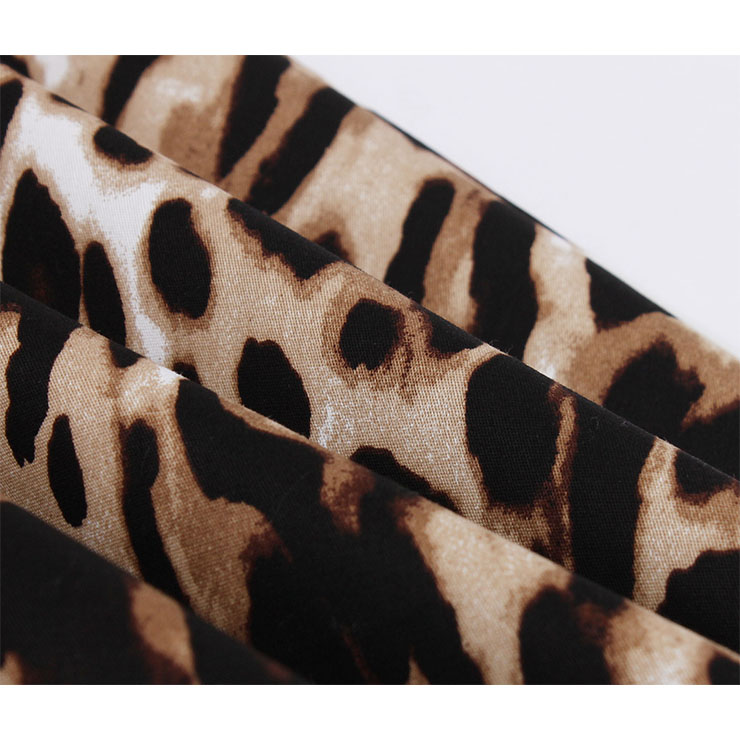 Vintage Leopard Print Front Zipper Round Neck Half Sleeve High Waist Dress with Belt N18670