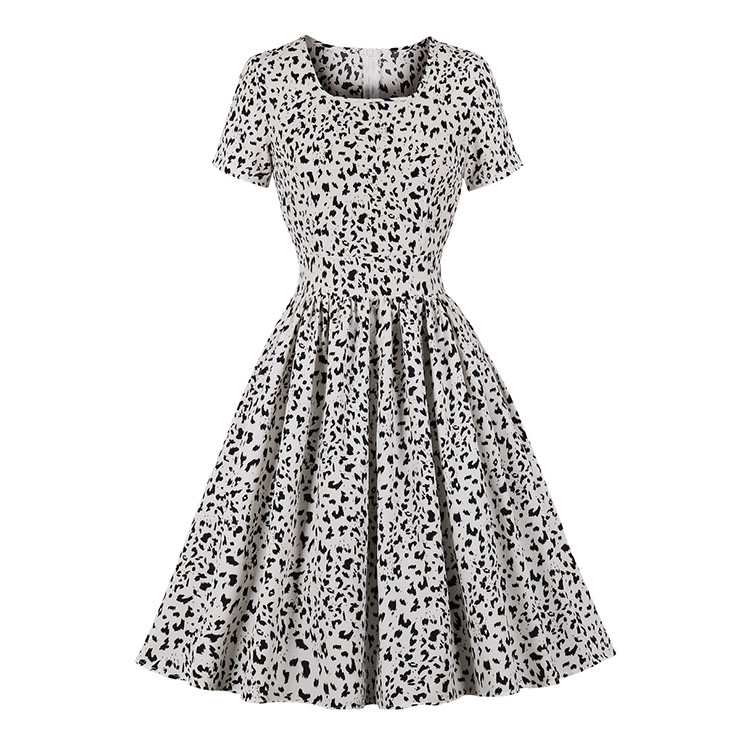 Vintage Leopard Square Neckline Short Sleeve High Waist Daily Casual A-line Dress N22086