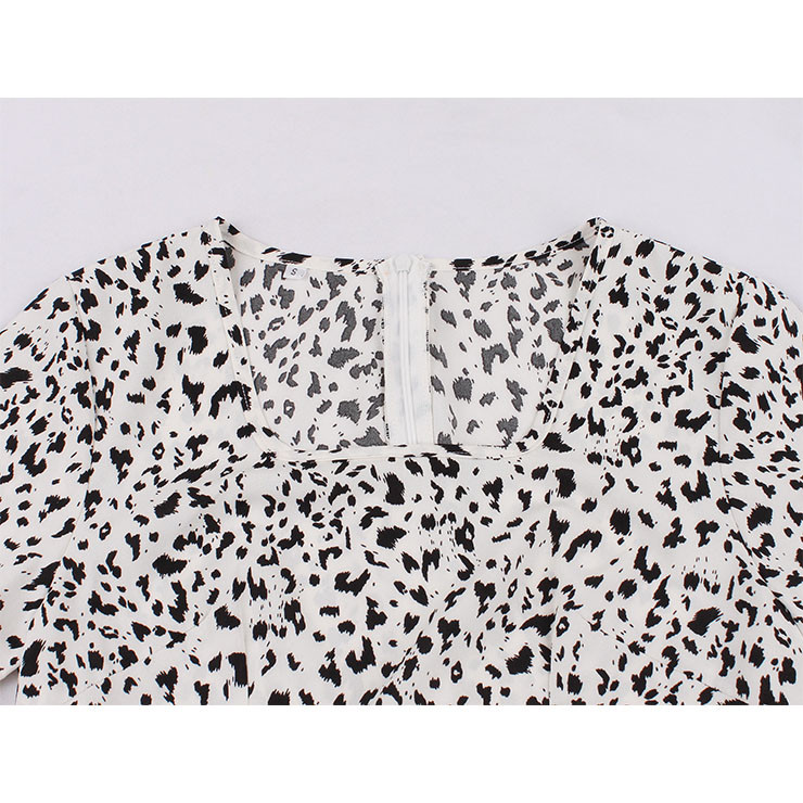 Vintage Leopard Square Neckline Short Sleeve High Waist Daily Casual A-line Dress N22086