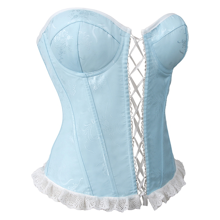 Vintage Light Blue Corset Bodysuit - Floral Pattern Lace Trim with Adjustable Lace-up Back N237832