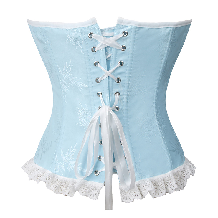 Vintage Light Blue Corset Bodysuit - Floral Pattern Lace Trim with Adjustable Lace-up Back N237832