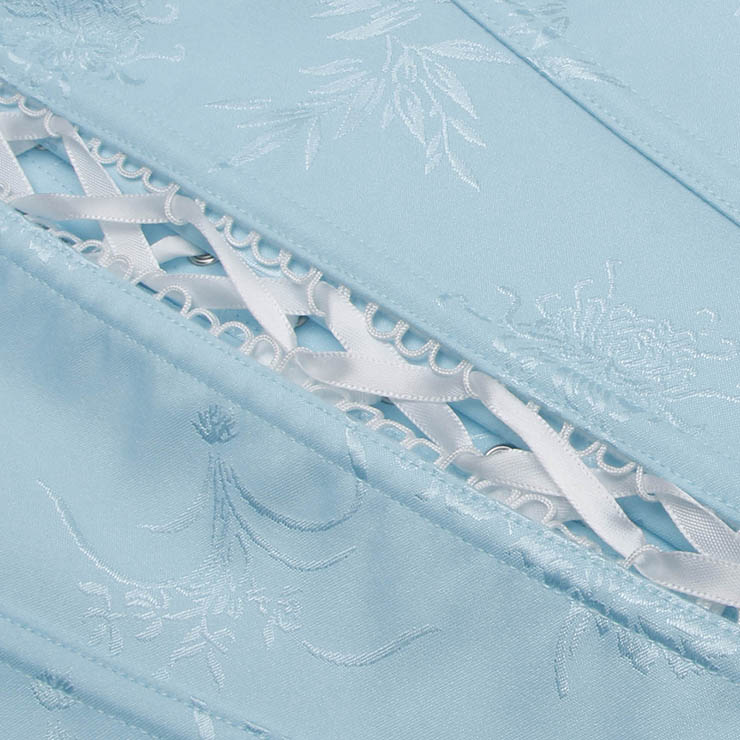 Vintage Light Blue Corset Bodysuit - Floral Pattern Lace Trim with Adjustable Lace-up Back N237832