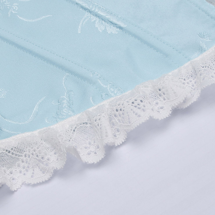 Vintage Light Blue Corset Bodysuit - Floral Pattern Lace Trim with Adjustable Lace-up Back N237832