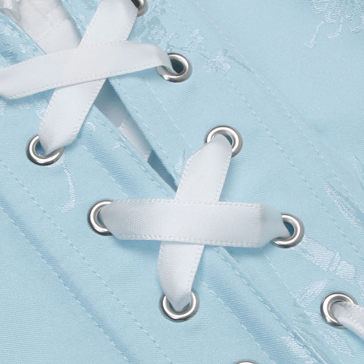 Vintage Light Blue Corset Bodysuit - Floral Pattern Lace Trim with Adjustable Lace-up Back N237832