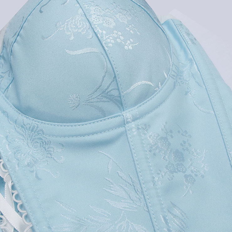 Vintage Light Blue Corset Bodysuit - Floral Pattern Lace Trim with Adjustable Lace-up Back N237832